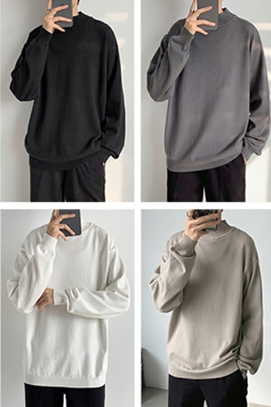 Simple Men's Sweater Pure Color Mock Neck Long Sleeve Loose Fit Pullover Sweater
