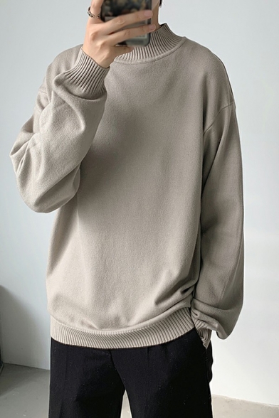 Simple Men's Sweater Pure Color Mock Neck Long Sleeve Loose Fit Pullover Sweater