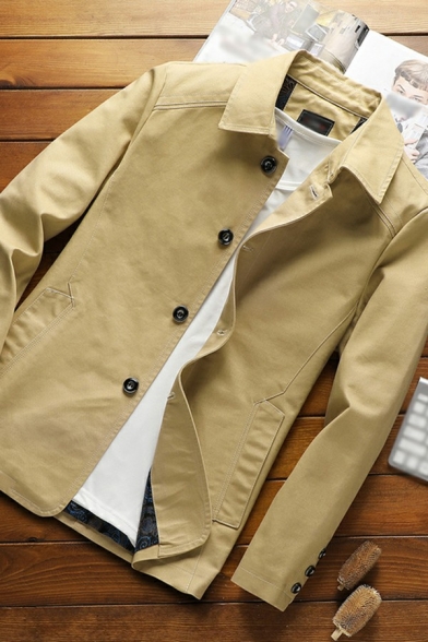 Simple Mens Trench Coat Pure Color Long Sleeves Lapel Collar Button up Regular Fitted Trench Coat