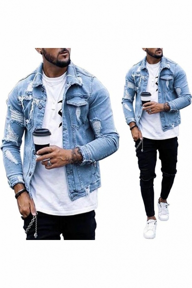 Street Look Mens Jacket Pure Color Distressed Effect Long-Sleeved Lapel Collar Button Closure Denim Jacket with Pockets