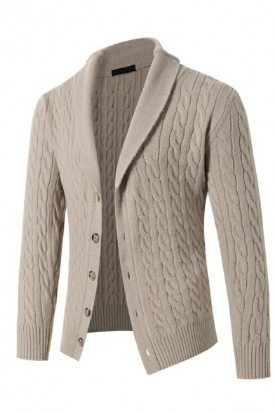 Trendy Guys Cardigan Solid Color Lapel Rib Hem Button Up Cable Knit Long Sleeve Regular Fit Cardigan