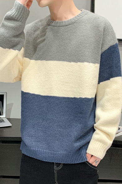 Trendy Men's Sweater Contrast Color Crew Neck Long Sleeve Regular Fit Sweater