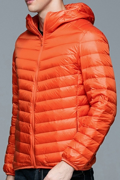 Trendy Puffer Coat Pure Color Zip Up Long Sleeve Regular Fit Hooded Puffer Coat for Men