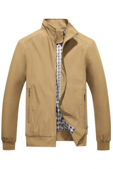 Urban Men's Jacket Plain Plaid Lined Stand Collar Zip Detail Pocket Long Sleeves Jacket