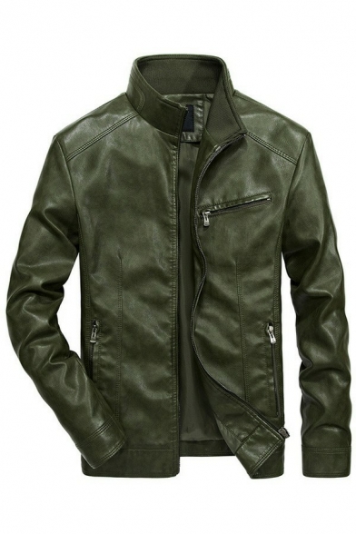 Urban Mens Jacket Solid Zip Pocket Stand Collar Long Sleeve Regular Fit Zip Closure Leather Jacket