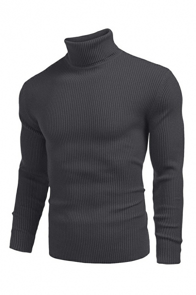 Vintage Pullover Plain Long Sleeves High Neck Slim Fit Pullover for Guys