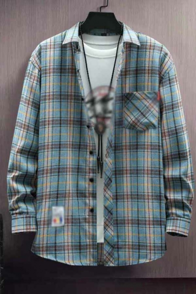 Boyish Checker Pattern Shirt Chest Pocket Button Fly Spread Collar Long Sleeve Oversized Shirt