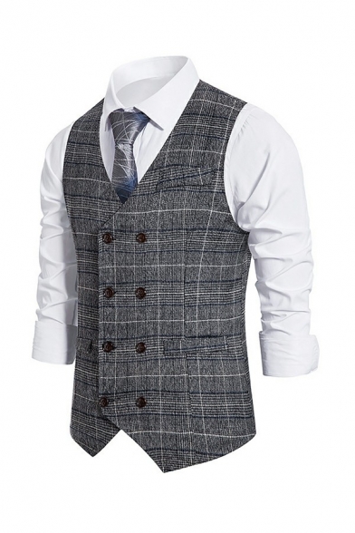 Business Vest Plaid Tartan Pattern Double Breasted Buckle Back Slimming Suit Vest for Men