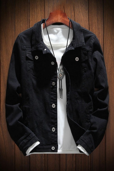 Casual Mens Jacket Solid Color Long Sleeve Lapel Collar Button Placket Denim Jacket with Pockets