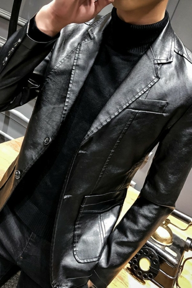 Chic Men's Leather Jacket Button Up Lapel Collar Long Sleeves Regular Fit Leather Jacket