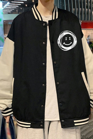 Chic Varsity Jacket Butto down Smile Pattern Color Block Long Sleeves Loose Fit Jacket for Men