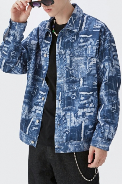 Creative Guys Jacket Printed Chest Pocket Turn Down Collar Button Placket Loose Fit Denim Jacket