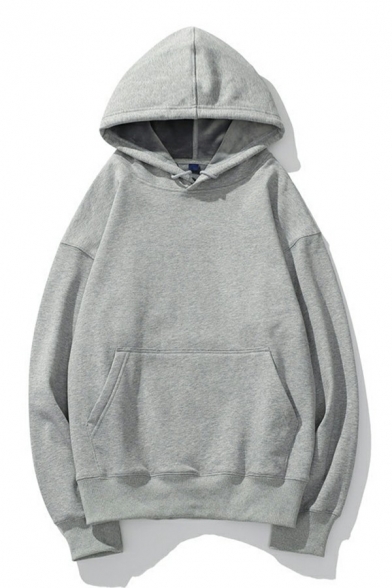 Daily Mens Drawstring Hoodie Solid Color Long Sleeves Rib Cuffs Loose Fitted Hoodie