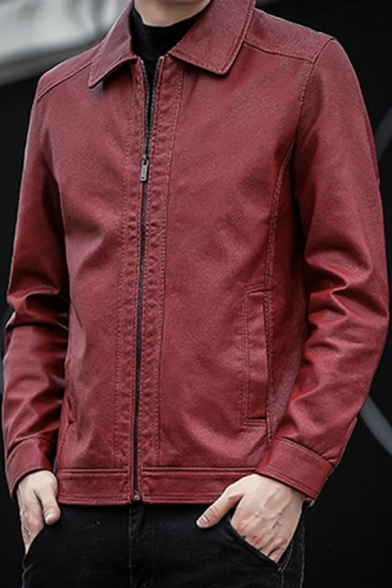 Dashing Leather Jacket Solid Color Stand Collar Long Sleeve Pocket Detail Zip Placket Leather Jacket for Men