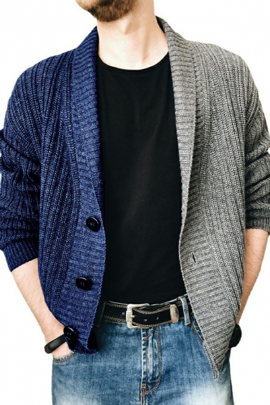 Fancy Mens Knitted Cardigan Color Block Single Breast Long Sleeve Shawl Collar Fitted Cardigan
