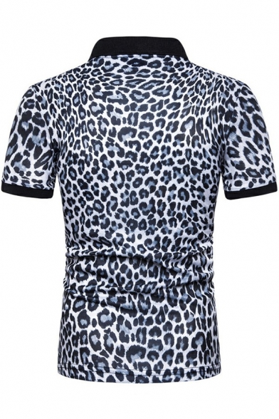 Fancy Mens Leopard Printed Polo Shirt Short-Sleeved Turn Down Collar Slim Fit Polo Shirt