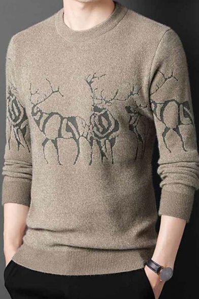 Fashionable Men's Sweater Deer Printed Round Neck Long Sleeve Loose Fitted Sweater