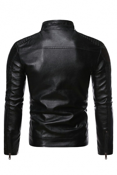 Guy's Novelty Jacket Pure Color Chest Pocket Slim Stand Collar Long Sleeves Zipper Leather Jacket