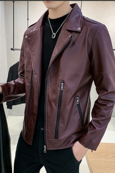 Guy's Novelty Jacket Pure Color Regular Fitted Lapel Collar Long Sleeves Zipper Leather Jacket