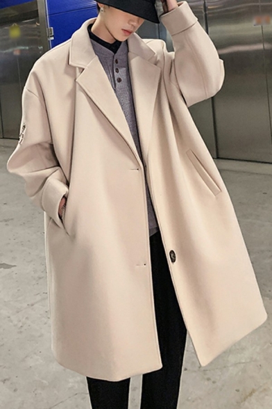 Guys Fancy Coat Solid Button Fly Lapel Collar Knee Length Long-sleeved Coat