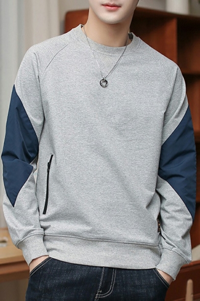 Guys Hot Sweatshirt Contrast Color Panel Long-Sleeved Regular Fitted Round Neck Sweatshirt