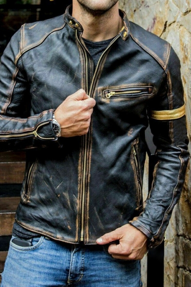Hot Guy's Jacket Contrast Color Chest Pocket Long Sleeve Regular Stand Collar Zipper Leather Jacket
