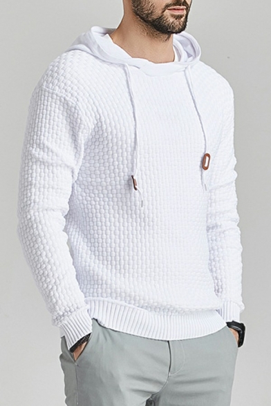Leisure Mens Sweater Solid Color Hooded Drawcord Quilted Detail Rib Hem Long Sleeve Slim Fit Sweater