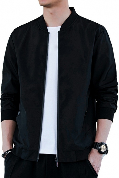 Leisure Mens Varsity Jacket Pure Color Zip up Long Sleeves Stand Collar Regular Fit Jacket