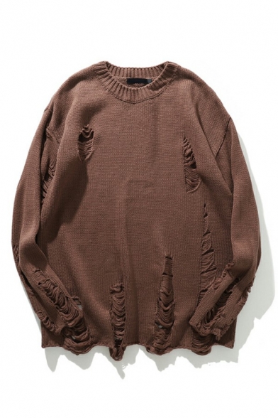 Men Boyish Sweater Plain Round Neck Distressed Long Sleeves Loose Sweater