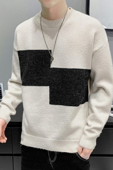 Men Chic Sweater Color-Block Round Neck Rib Cuffs Long-Sleeved Relaxed Sweater