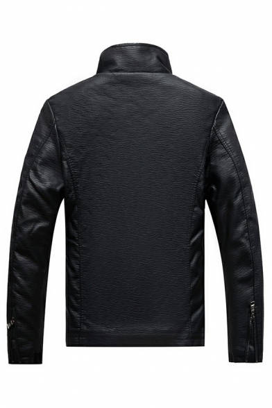 Men Creative Leather Jacket Plain Stand Collar Full Zipper Long Sleeves Slim Fitted Leather Jacket