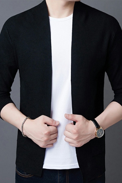 Men Sporty Cardigan Solid Color Collarless Front Pocket Rib Cuffs Long Sleeves Oversize Cardigan