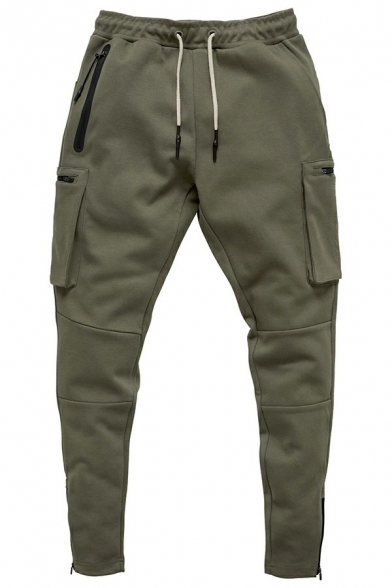 Men Sporty Drawstring Pants Solid Color Elastic Waist Relaxed Fit Pants with Pockets