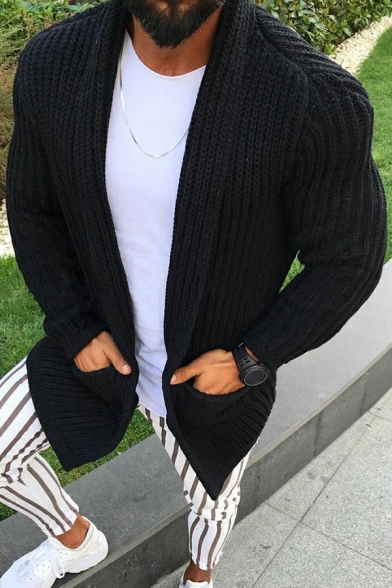 Men Trendy Cardigan Solid Color Turn-down Collar Pocket Detailed Long-Sleeved Loose Cardigan