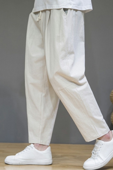 Men Vintage Drawstring Pants Pure Color Pocket Detail Elastic Waist Relaxed Fit Pants
