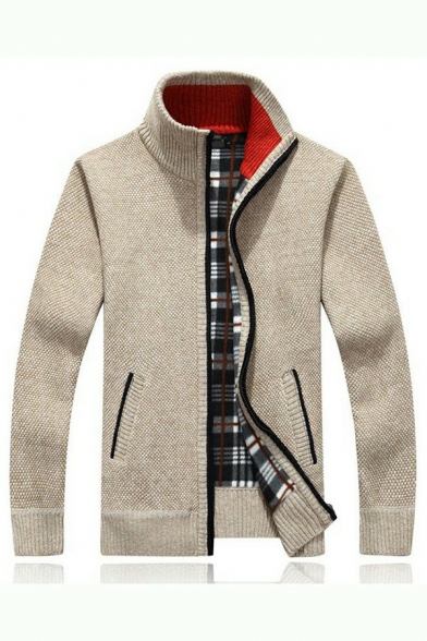 Men Warm Cardigan Solid Plaid Lined Stand Collar Pocket Embellish Zip Up Long Sleeves Cardigan