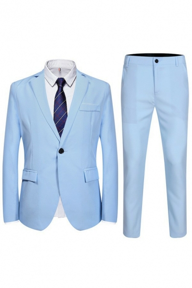 Mens Casual Co-ords Plain Long Sleeve Lapel Collar Skinny Single Breasted with Straight Leg Pants Suit Set