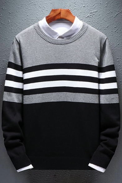 Modern Sweater Striped Pattern Round Neck Rib Cuffs Long Sleeves Relaxed Sweater for Men