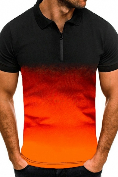 Popular Polo Shirt Ombre Pattern Spread Collar 1/4 Zip Short Sleeves Slim Fit Polo Shirt for Men