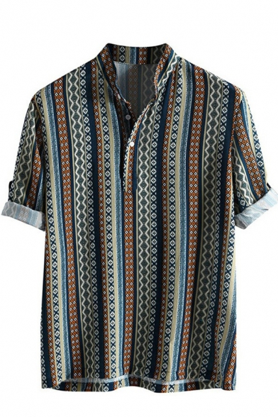 Retro Tribal Printed Mens Shirts Turn-Down Collar Button Up Short Sleeves Relaxed Fit Shirts
