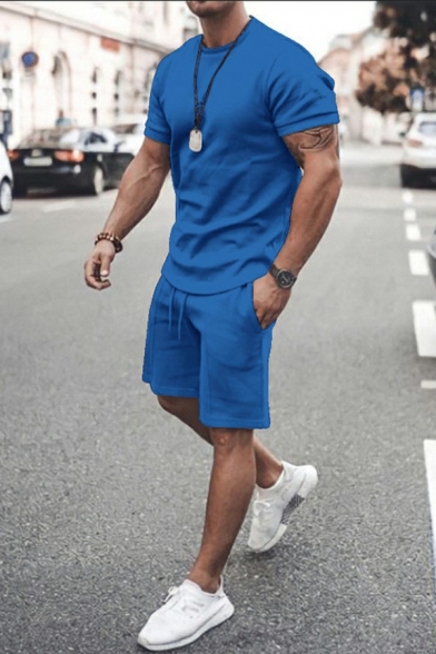 Street Style Co-ords Solid Color Crew Neck Short Sleeves Slim Fit Tee & Shorts Co-ords