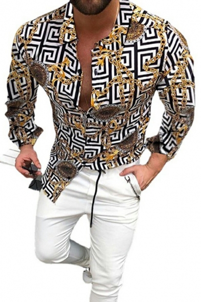 Stylish Men's Shirt Spread Collar Chain Printed Button Closure Long Sleeves Slim Fitted Shirt