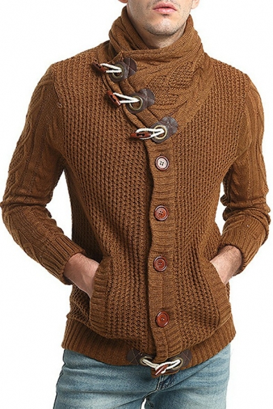 Stylish Mens Plain Sweater Turn-Down Collar Button Placket Long-Sleeved Slim Fit Cardigan