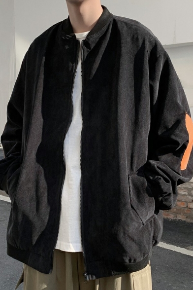 Trendy Guys Bomber Jacket Color Block Patchwork Zip Placket Baggy Long Sleeve Varsity Jacket
