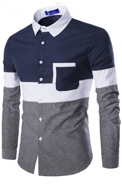 Trendy Shirt Striped Pattern Turn-down Collar Chest Pocket Button up Long-Sleeved Regular Fit Shirt for Men