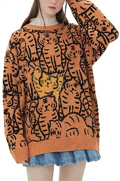 Trendy Sweater Cartoon Print Round Neck Rib Cuffs Long Sleeve Oversize Sweater for Men