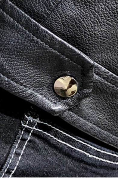 Vintage Mens Leather Jacket Solid Color Lapel Collar Long-Sleeved Pocket Detail Zip Placket Leather Jacket