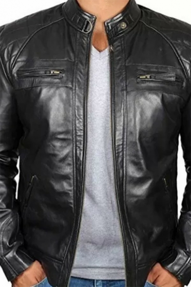 Warm Leather Jacket Stand Collar Zip Up Solid Color Long-Sleeved Regular Fit Leather Jacket