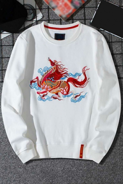 Warm Men's Sweatshirt Round Neck Embroidery Horse pattern Long Sleeve Regular Fit Sweatshirt