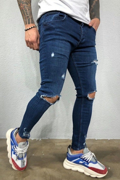 Basic Mens Jeans Plain Ankle Length Distressed Zip Closure Slim Fit Denim Pants